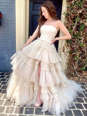 Champagne A-Line Strapless Ruffled Tiered Tulle Long Prom Dress