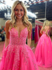 V Neck Hot Pink A Line Lace Long Prom Dress with Pocket