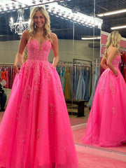 V Neck Hot Pink A Line Lace Long Prom Dress with Pocket