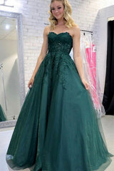 Strapless Green Lace Tulle Long Prom Dress,A Line Formal Graduation Evening Dresses