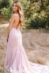 Pink Lace Mermaid Backless Prom Formal Dress