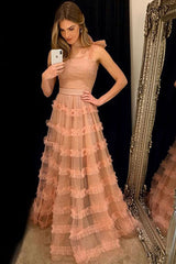 Elegant Straps Peach Long Winter Prom Dress with Cascading Ruffles