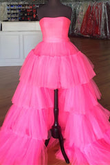 Elegant Strapless Layered Hot Pink Long Prom Dress with Slit Formal Gown