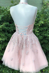 Halter Lace-Up Back Short Pink Lace Homecoming Dress Cocktail