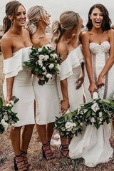Off Shoulder Sheath Knee-Length White Bridesmaid Dress,Simple Wedding Guest Dresses
