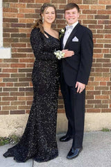 Black Sequin One-Sleeve Long Prom Dress with Keyhole,Sparkly Graduation Dresses