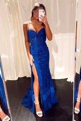 Royal Blue Lace Mermaid Long Formal Evening Dress with Slit