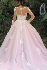 Princess Long Sleeves A-line Pink Wedding Dress with Lace