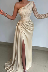 Elegant One Shoulder Lace Long Sleeve Satin Prom Dresses With Slit