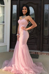 Sweetheart Mermaid Tulle Pink Long Prom Dress,Designers Evening Gowns