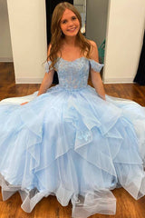 Light Blue Tulle Off-the-Shoulder Tiered A-Line Prom Dress,Graduation Dresses with Ruffles