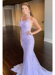 Lilac Appliques Spaghetti Straps Sheath Sleeveless Brush Train Prom Dresses