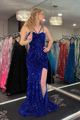 Glittery Royal Blue Mermaid Sequin Long Prom Dress with Slit,Sequins Party Dresses