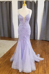 Mermaid Lavender Floral Lace Straps Long Prom Dress Outfits