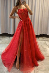 Red Spaghetti Strap Lace Long Prom Dresses,A-Line Evening Dress with Slit