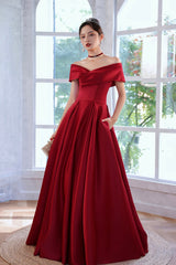 Red Satin A-Line Floor Length Prom Dress,Off Shoulder Evening Dresses with Pocket