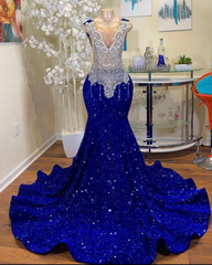 Trendy Prom Dresses Long Sequin,Royal Blue Designer Evening Gowns with Crystals Diamond