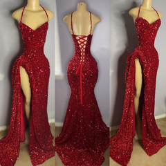 Sexy High Slit Halter Sleeveless Sparkly Red Sequined Long Prom Dresses for Black Girls