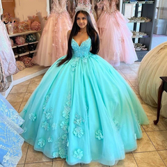 Strap Quinceanera Dresses V-Neck 3D Flower 15th Party Dress Birthday Gowns