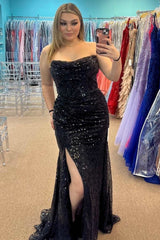 Stunning Sequins Royal Blue Mermaid Long Prom Dress with Slit,Black Holiday Party Dress