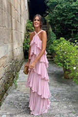 A Line Straps Tiered Chiffon Floor Length Long Prom Dress Pink Formal Evening Dresses