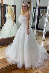 Elegant White Sequin Strapless A-Line Long Prom Dress,Wedding Dresses with Feather
