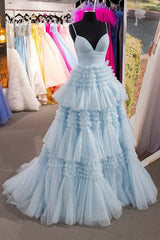 Elegant Light Blue Slit Tulle Long Prom Dress,Ruffled Formal Dresses