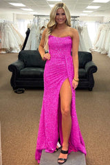 Barbie Pink Sequin Strapless Mermaid Long Prom Dress with Slit,Sequin Formal Dresses