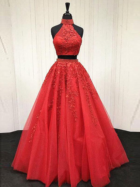 2 Pieces Tulle Lace Prom Dresses, Two Pieces Evening Dresses