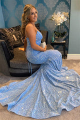 Light Blue V Neck Mermaid Sequins Fitted Prom Dress