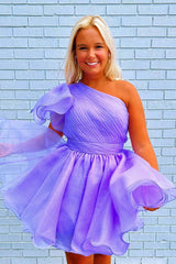 Lavender One Shoulder Ruffled A-line Organza Cocktail Party Dress