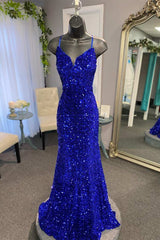 Magenta V Neck Mermaid Long Prom Dress,Royal Blue Sequin Party Dresses