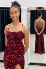 Burgundy Mermaid Sequin Long Prom Dresses with Slit,Red Sequin Bodycon Dress