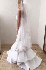 Modern V Neck White Lace Appliques Mermaid Ruffled Long Wedding Dress