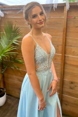 Elegant Light Blue Lace V Neck A-Line Prom Dress with Slit
