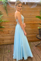 Elegant Light Blue Lace V Neck A-Line Prom Dress with Slit