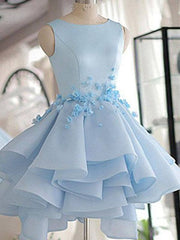 3D Flower Short Blue Prom Dresses, 3D Floral Short Blue Graduation Homecoming Dresses
