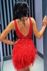 Red Beaded Sequins Tight Homecoming Cocktail Dress with Feathers