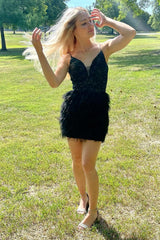 Black Sequins Tight Homecoming Dress with Feathers