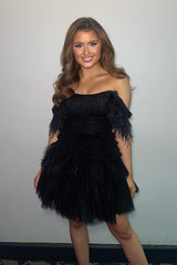 Black Multi-Layers Tulle Short Homecoming Dress with Feather