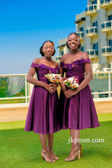 Best Purple Knee Length Bridesmaid Dresses with Flowers,A Line Satin Short Wedding Guest Dress