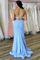 Light Blue Iridescent Sequin Halter Trumpet Long Prom Dress