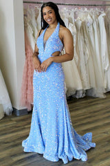 Light Blue Iridescent Sequin Halter Trumpet Long Prom Dress