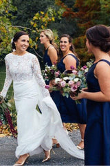Navy Blue Tea Length Satin A-line Bridesmaid Dress