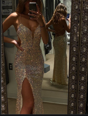 Glittery Mermaid V Neck Prom Dress With Split Back Open