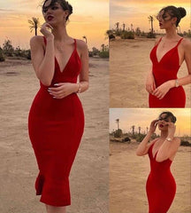 Sexy Red Prom Dress,Midi Sheath Evening Dresses