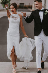 Sheath Beach Front-Slit White Lace Wedding Dress Bridal Dresses Simple Elegant