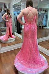 Stunning Pink Sequin V-Neck Mermaid Long Evening Dress,Leg Split Formal Gala Dresses
