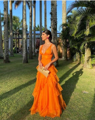 Orange Long Prom Dresses,V Neck Formal Dress Outfits