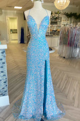 Light Blue Iridescent Sequin Lace-Up Long Prom Dress with Slit